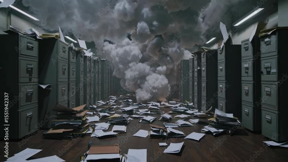 Explosion disrupts office environment, creating chaos among filing cabinets and scattered documents