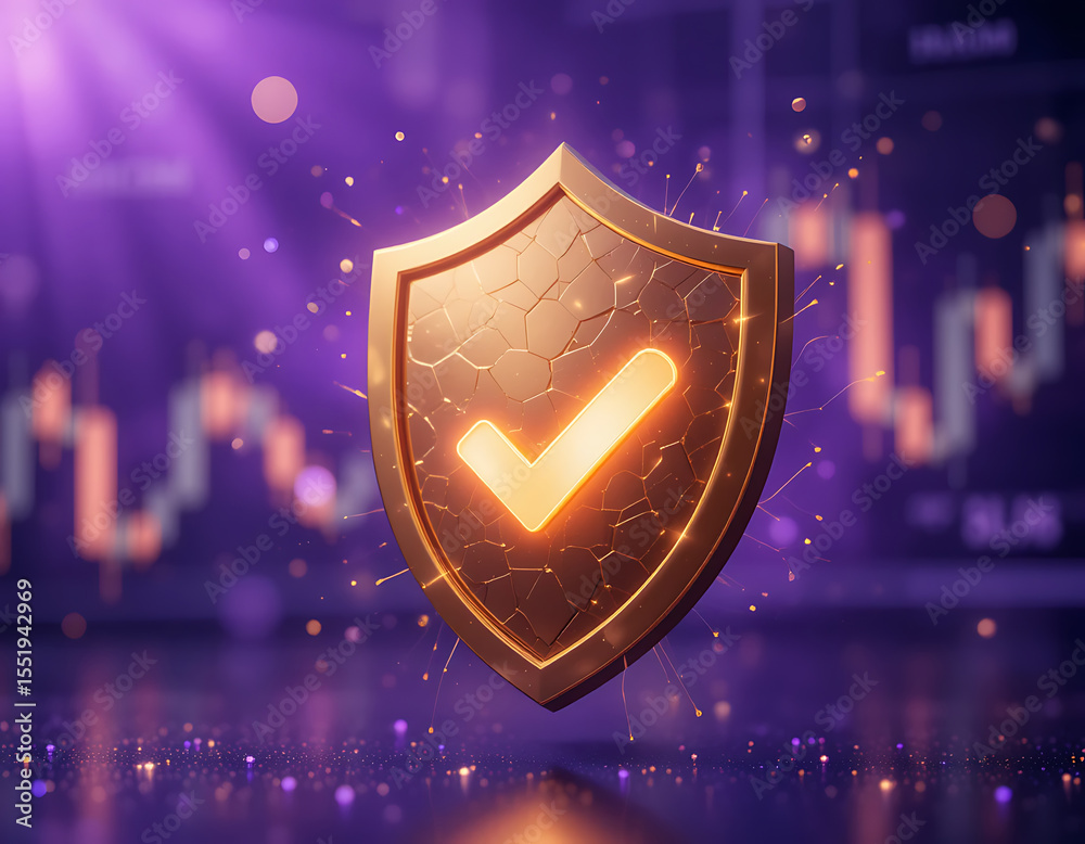 Fototapeta premium Gold Shield Checkmark on Metallic Background with Financial Theme