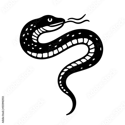Black serpent illustration, reptile, snake, viper. Vector design element, tattoo, drawing.