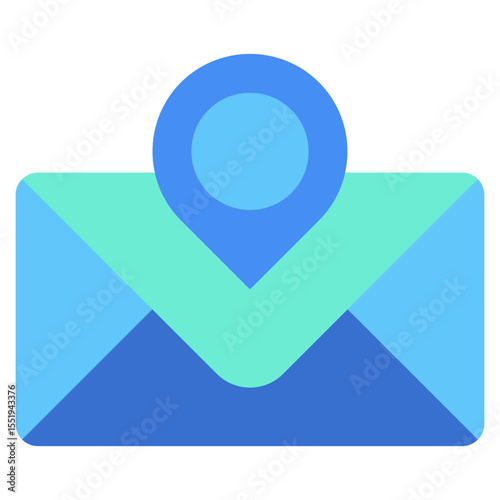 Mail Location -  Flat Green Blue Style icon - Envelope with location pin, symbolizing physical mailing address