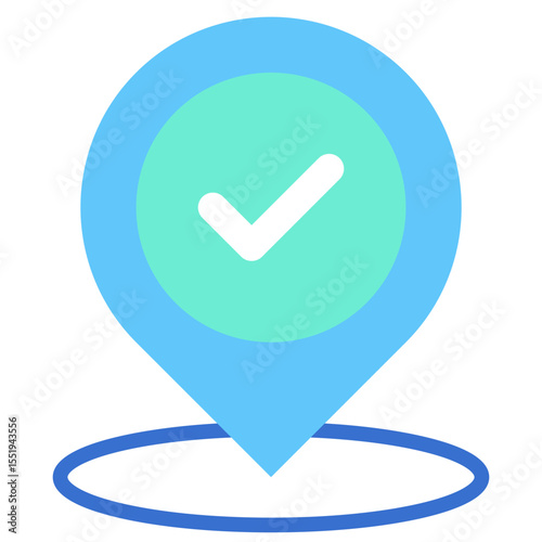 Verified Location -  Flat Green Blue Style icon - Location pin with checkmark, representing verified address or confirmed place