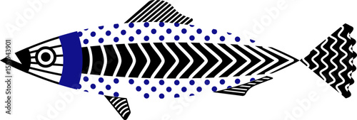 Stylized sardine with ethnic Portuguese motifs and symmetrical folk patterns in a bright marine summer palette