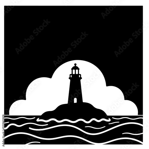 Black and white lighthouse on island illustration with wavy water