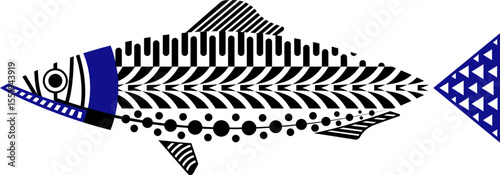 Portuguese sardine illustration with colorful folk details, festive marine style, hand-drawn summer fish