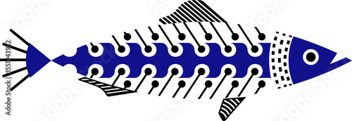 Colorful Portuguese sardine with folk pattern, summer festival theme, hand-drawn fish with traditional decorative elements.