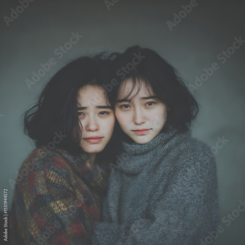 Portrait of two Asian women with short dark hair posing close together