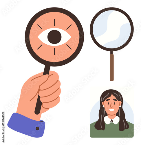 Hand holding magnifying glass with an eye in it, standard magnifying glass, and portrait of a woman. Ideal for analysis, observation, research, scrutiny, focus, vision personal identification