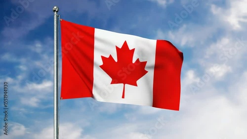 Canadian flag waving proudly in the wind against a bright blue sky, symbol of national unity, peace and heritage	