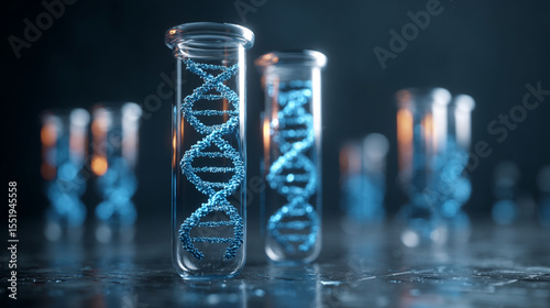 Laboratory test tubes filled with blue dna strands on a dark reflective surface background scene