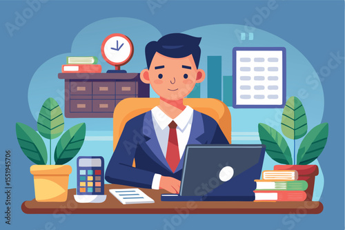 Business professional working at a modern office desk during the day with plants and organized supplies around