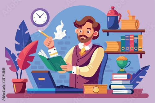 Man reading a book in a cozy study with vibrant plants and a laptop during daytime
