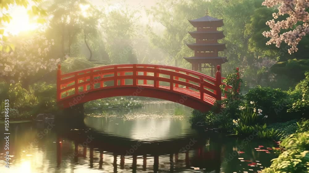 A serene asian garden featuring a striking red bridge amidst cherry blossoms and tranquil reflections on the water