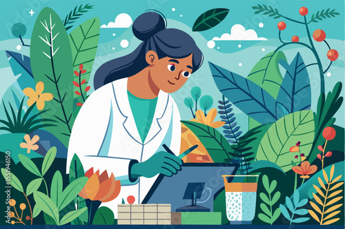 Botanist conducting research in a lush garden filled with diverse plants and vibrant flowers