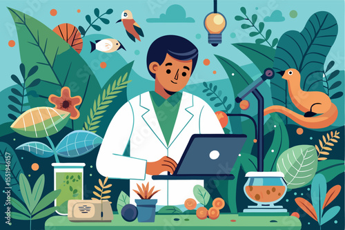 Scientist working in a lab surrounded by plants and animals in a vibrant, nature-inspired setting