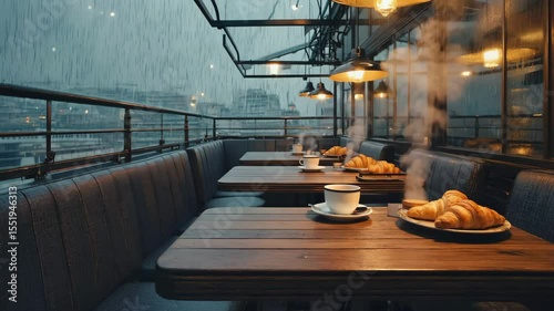 Modern cafe interior with wooden tables, industrial lights and cozy ambiance, perfect space for coffee lovers and social gatherings	