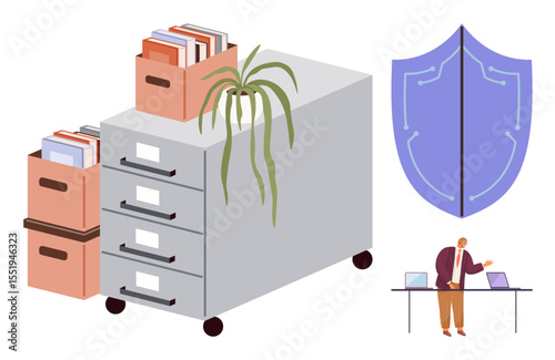 Filing cabinet with folders, potted plant, shield for digital protection, person at desk with laptops. Ideal for productivity, data security, teamwork, office setup, digital safety organization
