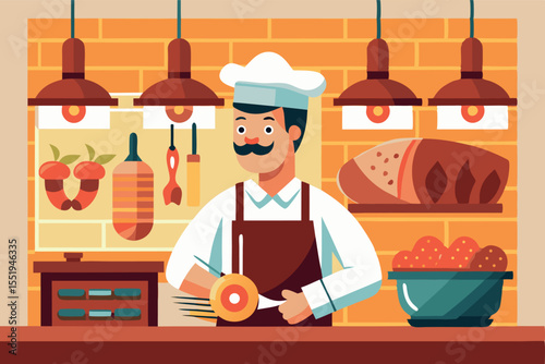 Chef prepares ingredients in a vibrant kitchen, showcasing culinary skills with fresh produce and baked goods