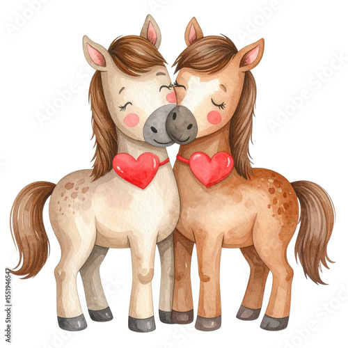  Charming Horse Duo in a Loving Hug, Neck-to-Neck with Hearts, Perfect for Friendship and Love Themes.