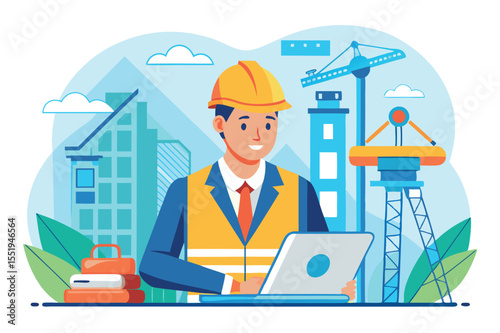 Construction worker using laptop at building site with cranes and city skyline in background