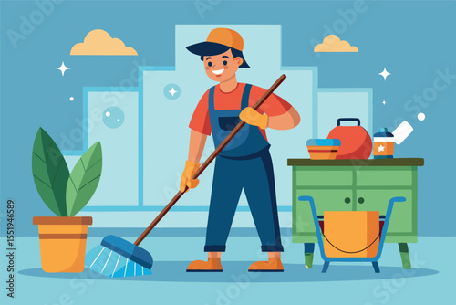 Person cleaning a room with a broom and enjoying the chore at home