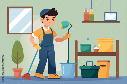 Young man cleaning a room using a broom and mop while organizing supplies in a tidy space