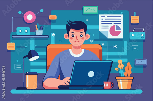 Young man working on laptop in a cozy workspace with plants and decorative elements