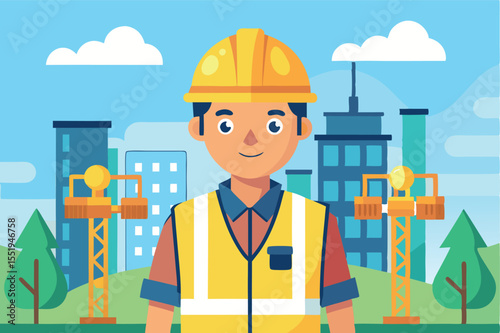 Construction worker stands proudly in urban environment with cranes and buildings in background during daytime