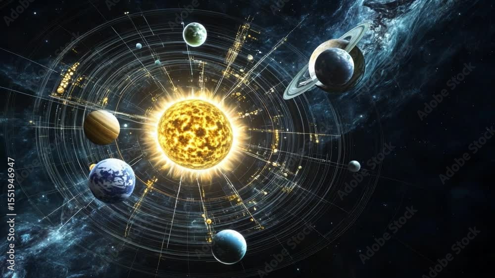 Solar system planets revolving around the sun in a cosmic dance. A ...