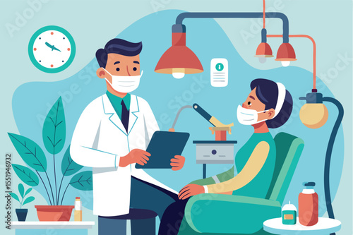 Dentist examines patient and discusses treatment options in a modern clinic setting