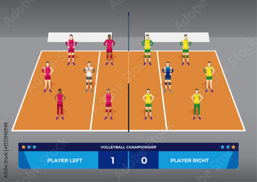 Female Volleyball Match on field with score panel Illustration