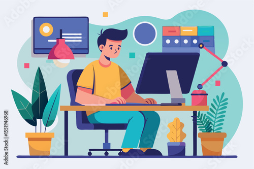 Young man working at a desk in a colorful home office surrounded by plants and modern equipment during daytime
