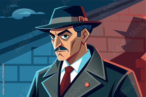 Mysterious figure in a trench coat with a fedora stands against an urban backdrop at night