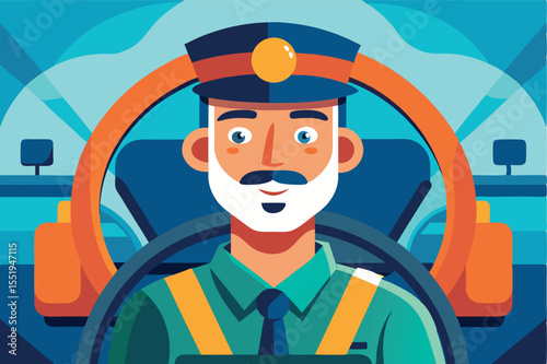 Cartoon police officer driving a patrol car during daytime in a vibrant urban setting