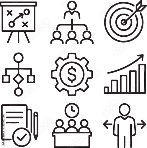 Business Strategy and Workflow Icons Set – Outline Vector Illustration