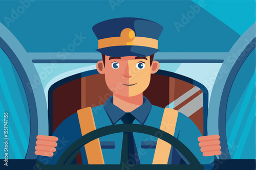 Police officer driving a vehicle in a city setting during the daytime while maintaining focus on the road ahead