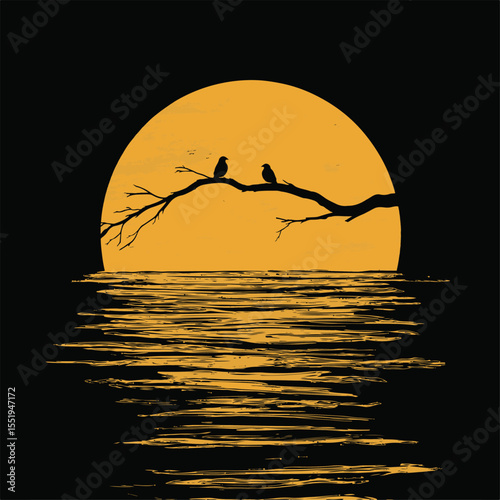 Two birds perched on a branch, a serene sunset over water, evoking tranquility.