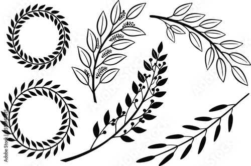 Hand-Drawn Laurel and Leaf Branch Vector Elements | Black & White Decorative Design