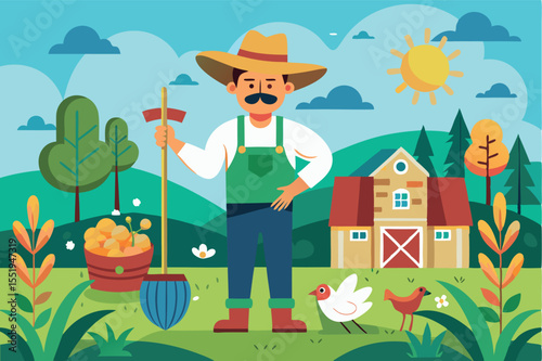 Farmer smiling proudly in a colorful countryside with crops, animals, and a sunny sky during the day