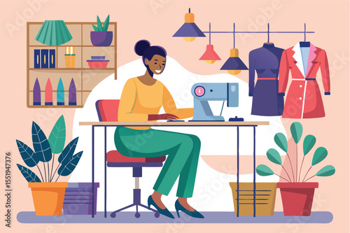 Woman sewing at a crafting table surrounded by plants and clothing in a bright, creative workspace