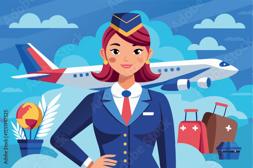 Airline flight attendant stands confidently in front of an airplane with luggage and travel items in the background on a sunny day