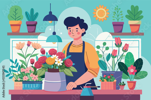 Florist arranging colorful flowers in a bright shop during daytime with plants and decor in the background