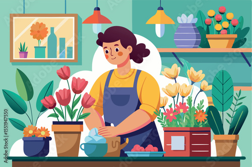 Colorful flower shop display with a florist arranging blooms during the day