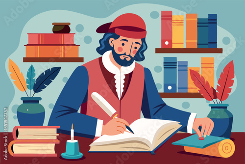 Historian writing in a cozy study with books and plants during a calm afternoon