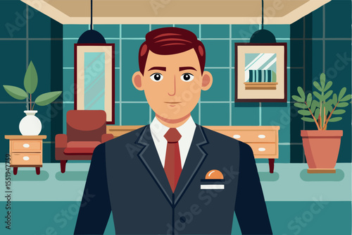 Professional concierge stands confidently in a modern hotel lobby with stylish decor and plants
