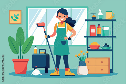 Cleaning enthusiast in a bright kitchen preparing for a productive day of chores and organization