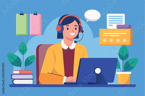 Young woman working remotely at her desk with headset and laptop in a colorful home office environment