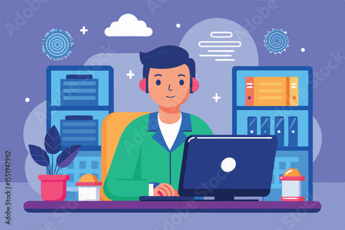 Person working at a desk with a laptop in a colorful office environment during daytime