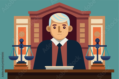 Judge presiding over a courtroom with scales of justice on display