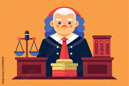Judge presiding over courtroom with justice scales and gavel on the bench in a simple illustration style