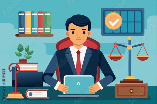 Professional man working at a desk with legal symbols and books in an office setting during the daytime